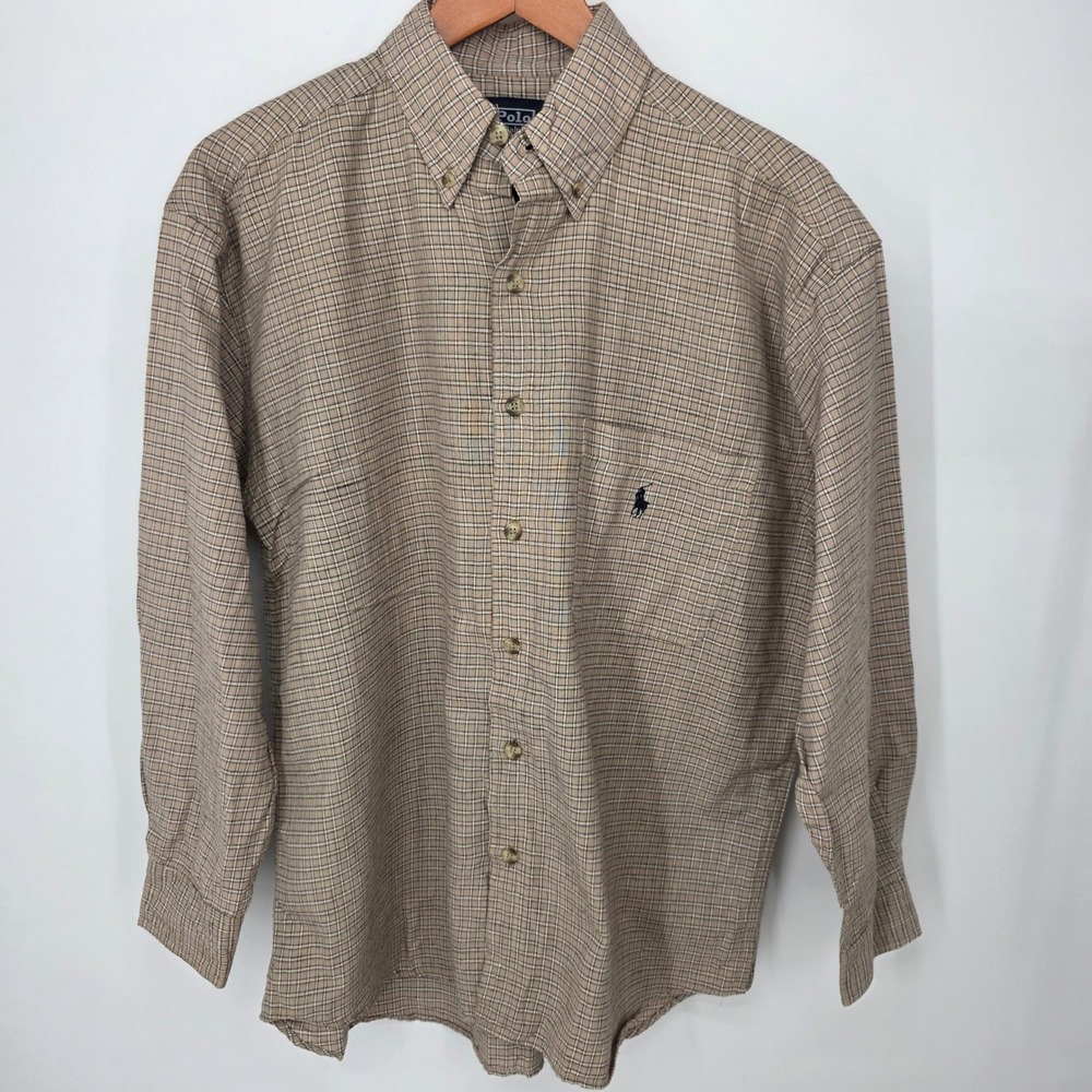 Polo Ralph Lauren 90s Tan Plaid Button Down Shirt Made in USA Pony Logo Large